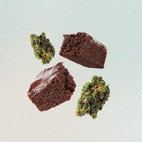 Two brownies and two cannabis buds arranged on a light background.