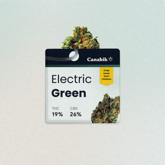 Cannabis packaging labeled Electric Green with cannabis buds.