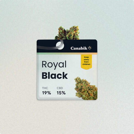 Package of Royal Black cannabis with visible buds.