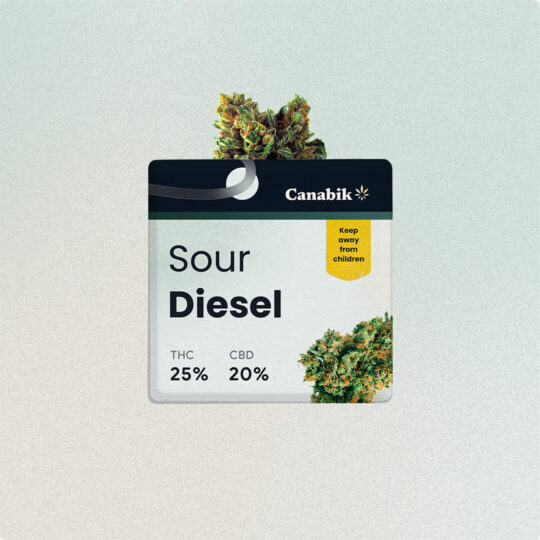 Cannabis Sour Diesel packaging with THC and CBD content.
