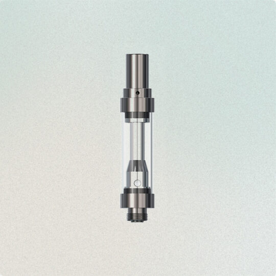 A sleek vape cartridge with a metallic mouthpiece and transparent chamber.